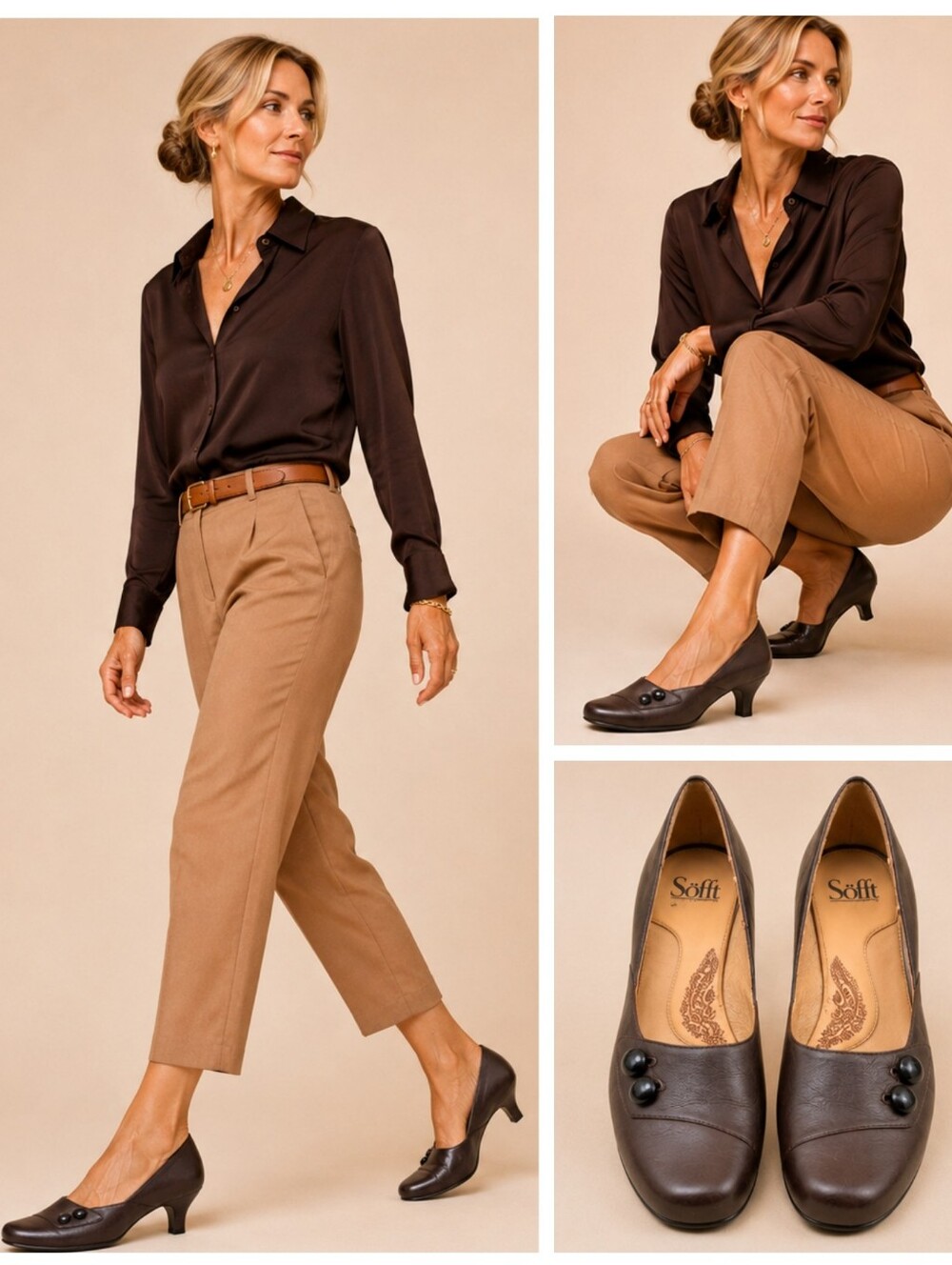Söfft Brown Leather Kitten Heel Comfort Pumps 8W Wide Button Accent S4244